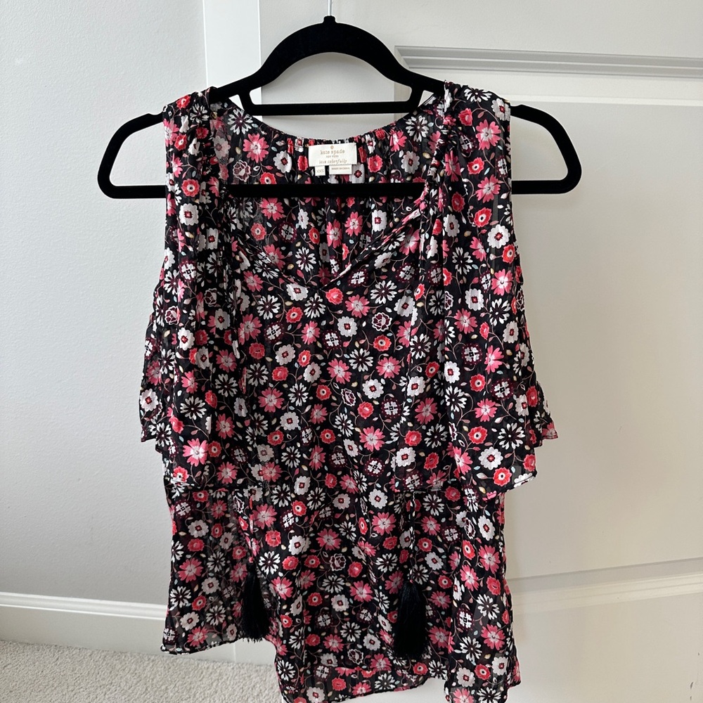 Last Chance! Kate Spade Off Shoulder Black and Pink Floral Blouse XXS